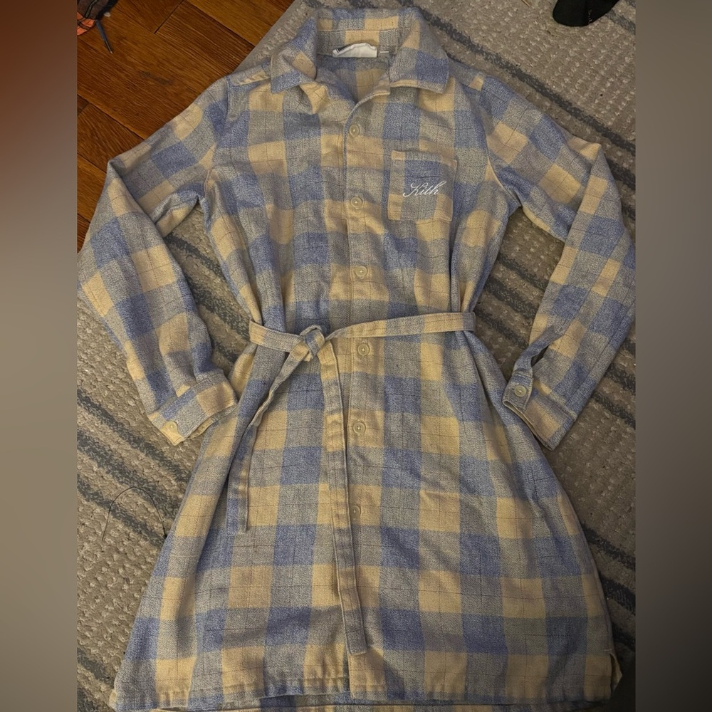 KITH 😍 Kids Plaid Shirt Dress in Light Blue and  Beige with belt. EUC